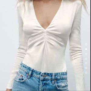 NWT Satin Bodysuit Long sleeve ruched draped fit bodice shiny wedding coquette